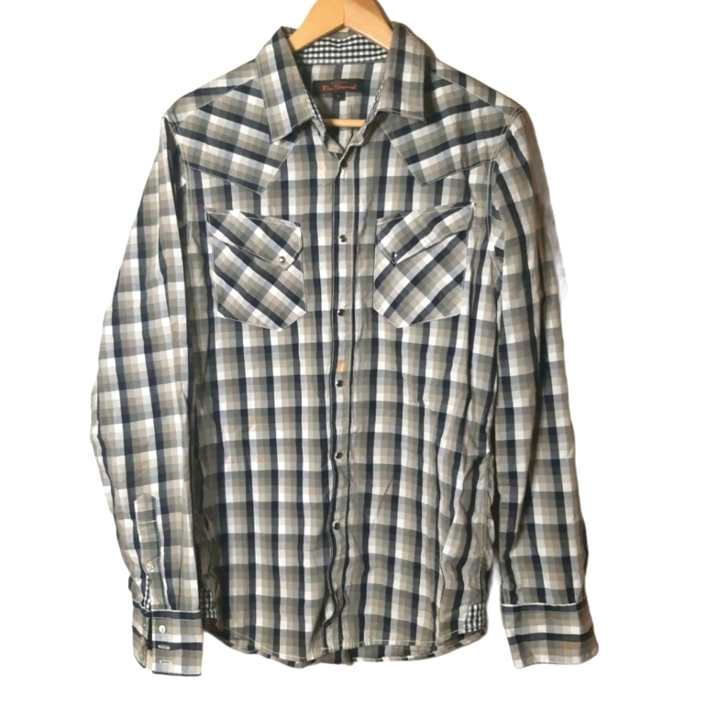 Ben Sherman casual pearl snap long sleeve check mens button down shirt sz large